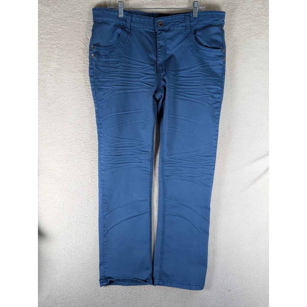 Platini Black Label Jeans Mens 38x32 Blue Straight Leg Stretch Crinkle Wash